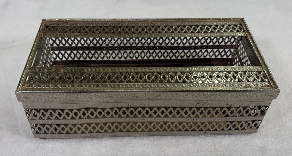 MCM Silver Tone Tissue Kleenex Box Filigree Holder Ornate Hollywood Regency
